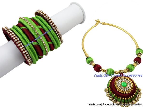 silk thread jewelry Bangle Earring Jumka-Yaalz Traditional Neckset & Matching Bangle combo set in Parrot Green and Maroon colors.-YAALZ