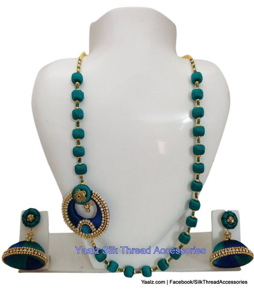 silk thread jewelry Bangle Earring Jumka-Yaalz Traditional Neckset & Matching Jumka in Turquoise Green & Dark Blue Colors.-YAALZ