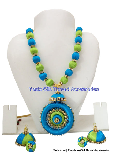 silk thread jewelry Bangle Earring Jumka-Yaalz Traditional Neckset & Matching Jumka Combo in Copper Sulphate Blue & Light Green-YAALZ