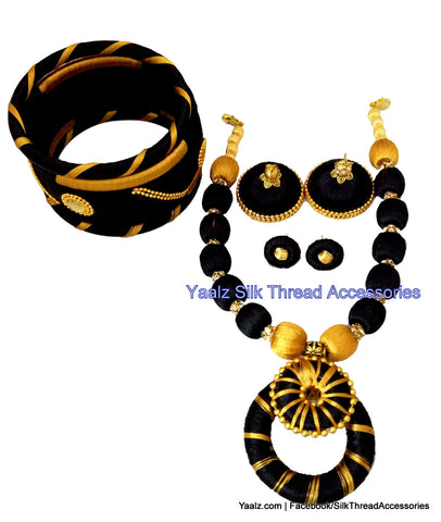 silk thread jewelry Bangle Earring Jumka-Yaalz Traditional Neckset With Matching Bangle set & Jhumka combo set in Black And Gold-YAALZ