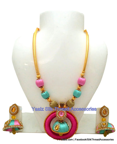 silk thread jewelry Bangle Earring Jumka-Yaalz Traditional Neckset & Matching Jumka in Pink & Sea Green Colors-YAALZ