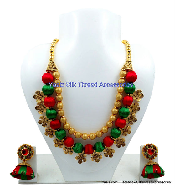 silk thread jewelry Bangle Earring Jumka-Yaalz Traditional Neckset & Matching Jumka in Red & Green Colors-YAALZ