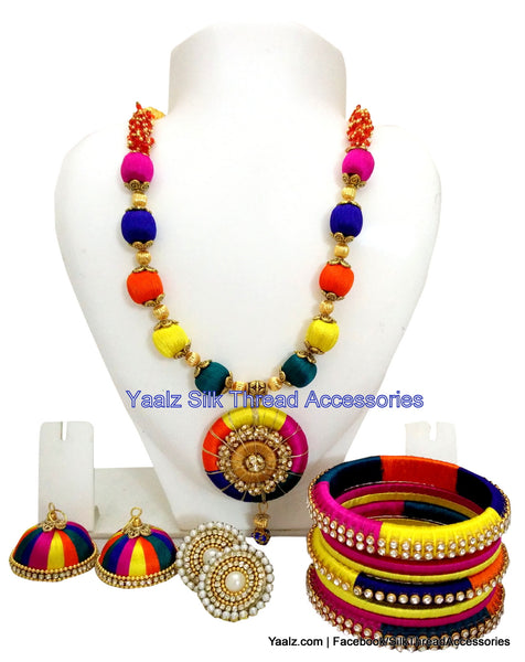 silk thread jewelry Bangle Earring Jumka-Yaalz Traditional Neckset With Matching Bangle set & Jhumka combo set in Multi Colors-YAALZ