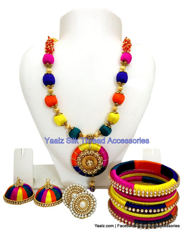 silk thread jewelry Bangle Earring Jumka-Yaalz Traditional Neckset With Matching Bangle set & Jhumka combo set in Multi Colors-YAALZ