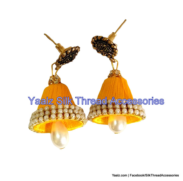 silk thread Bangle Earring Jumka-Yaalz Silk Thread Conical Jumka in Mango Yellow Colors.-YAALZ