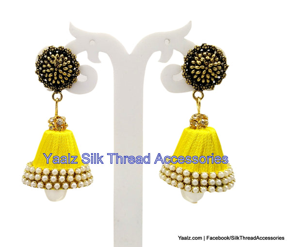 silk thread Bangle Earring Jumka-Yaalz Silk Thread Conical Jumka in Yellow Colors.-YAALZ