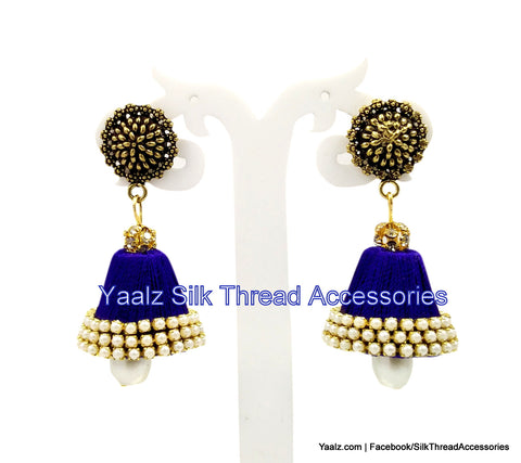 silk thread Bangle Earring Jumka-Yaalz Silk Thread Conical Jumka in Dark Blue Colors.-YAALZ