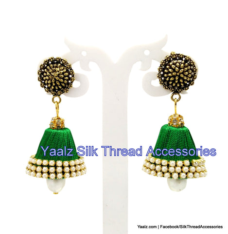 silk thread Bangle Earring Jumka-Yaalz Silk Thread Conical Jumka in Dark Green Colors.-YAALZ