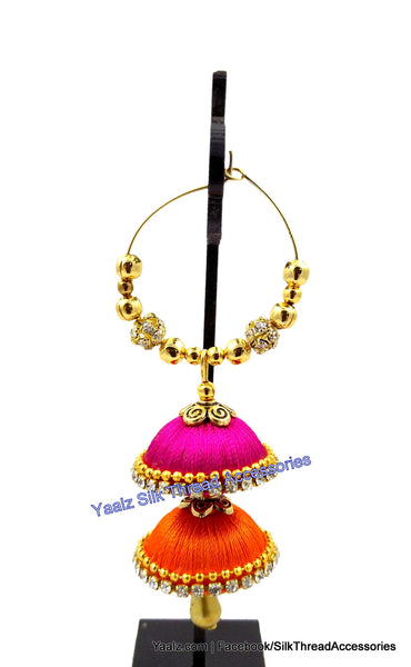 silk thread Bangle Earring Jumka-Yaalz Silk Thread Double Layer Bali Jhumka in Pink & Orange Colors.-YAALZ