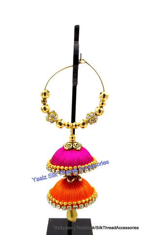 silk thread Bangle Earring Jumka-Yaalz Silk Thread Double Layer Bali Jhumka in Pink & Orange Colors.-YAALZ