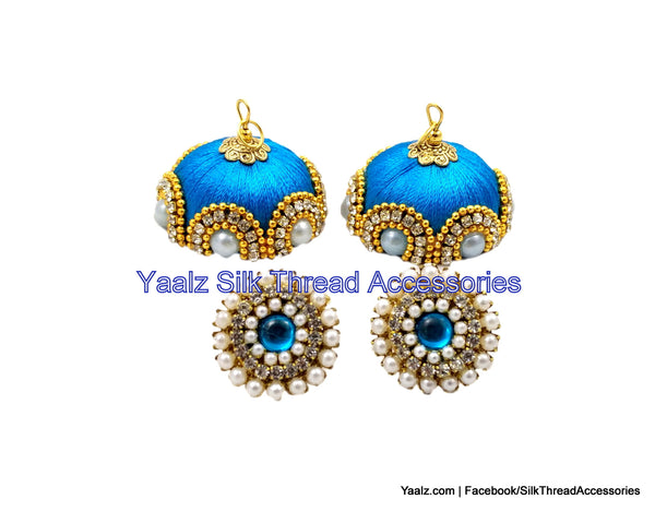 silk thread Bangle Earring Jumka-Yaalz Pearl Worked Silk Thread Jhumka in Copper Sulphate Blue Colors.-YAALZ