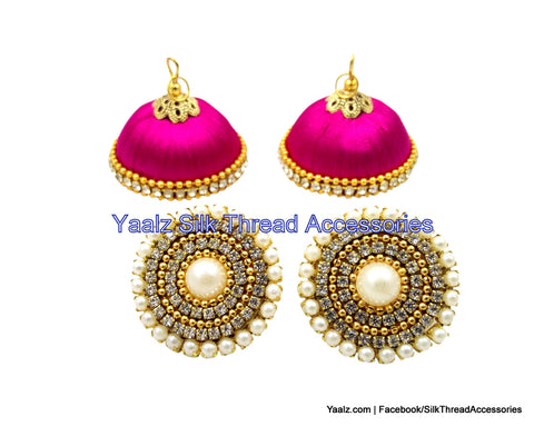 silk thread Bangle Earring Jumka-Yaalz Silk Thread Jhumka With Pearl Stud in Dark Pink Colors.-YAALZ