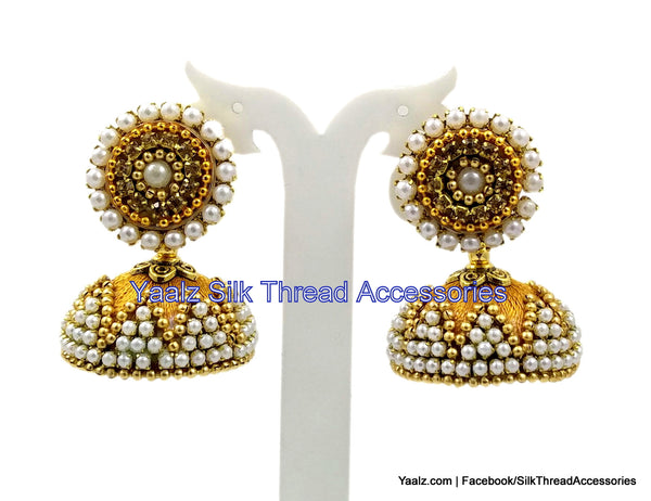silk thread Bangle Earring Jumka-Yaalz Pearl Worked Silk Thread Jhumka in Gold Colors.-YAALZ