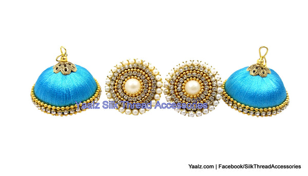 silk thread Bangle Earring Jumka-Yaalz Silk Thread Jhumka With Pearl Stud in Copper Sulphate Blue Colors.-YAALZ