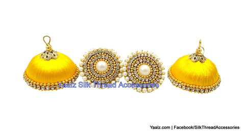 silk thread Bangle Earring Jumka-Yaalz Silk Thread Jhumka With Pearl Stud in Yellow Colors.-YAALZ