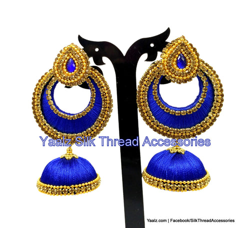 silk thread Bangle Earring Jumka-Yaalz Party Wear Gold Sparkling Jhumka in Blue Colors.-YAALZ