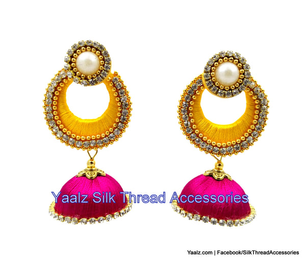 silk thread Bangle Earring Jumka-Yaalz Chand Bali Jhumka in Mango Yellow & Dark Pink Colors-YAALZ