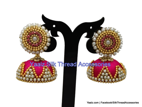 silk thread Bangle Earring Jumka-Yaalz Pearl Worked Silk Thread Jhumka in Dark Pink Colors.-YAALZ