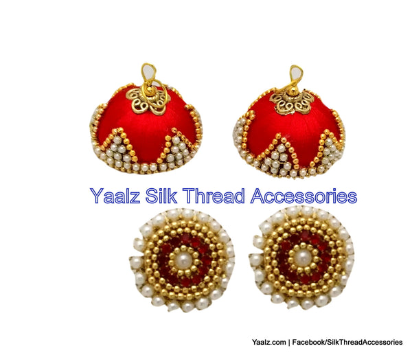 silk thread Bangle Earring Jumka-Yaalz Pearl Worked Silk Thread Jhumka in Red Colors.-YAALZ