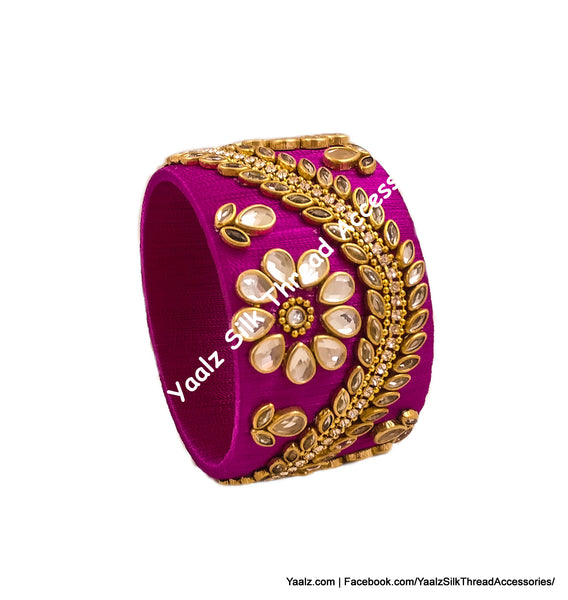 Yaalz Silk Thread Jumbo Kadas With Heavy Kundan Stone Work In Flower & Leaf Design In Assorted Colors