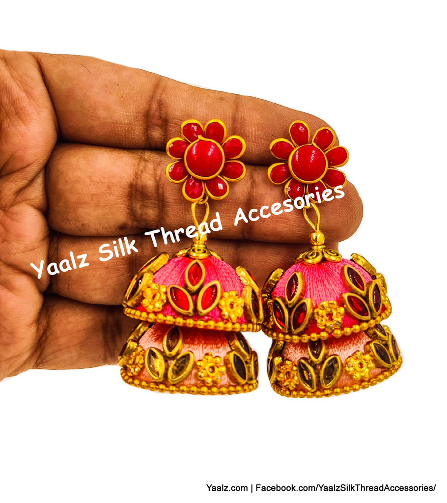 Yaalz Silk Thread Kundan Stone Work 2 Layer Jhumka Earrings With Flowe