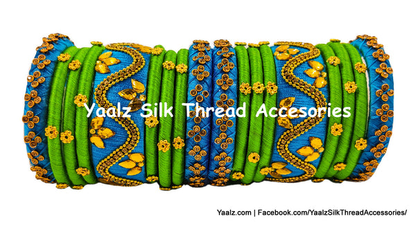 Yaalz Silk Thread Stone Work Partywear 18Pcs Bangle Set In Copper Blue & Lime Green Colors