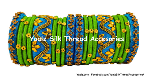 Yaalz Silk Thread Stone Work Partywear 18Pcs Bangle Set In Copper Blue & Lime Green Colors