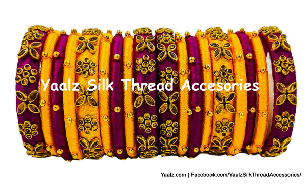 Yaalz Silk Thread Heavy Kundan Stone Bridal / Partywear 18Pcs Bangle Set In Assorted Colors