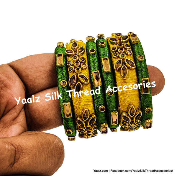 Yaalz Silk Thread Kundan Work 6Pcs Simple Bangle Sets With Stick Stone Work In Assorted Colors - Set 2