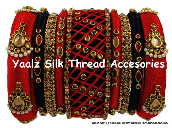Yaalz Silk Thread Heavy Kundan Elegant 9Pcs Bridal / Partywear Bangle Set With Mini Checks In Red & Black Colors