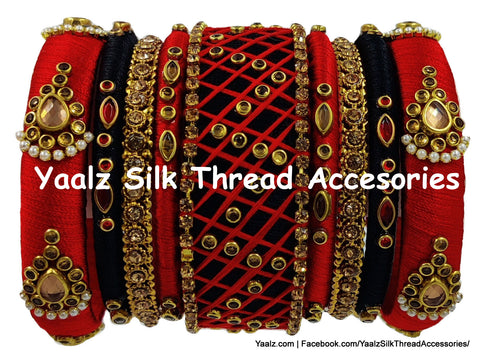 Yaalz Silk Thread Heavy Kundan Elegant 9Pcs Bridal / Partywear Bangle Set With Mini Checks In Red & Black Colors