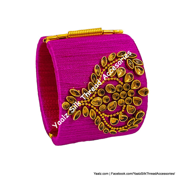 Yaalz Silk Thread Simple Kundan Stone Worked Open Close Jumbo Bracelets In Assorted Colors