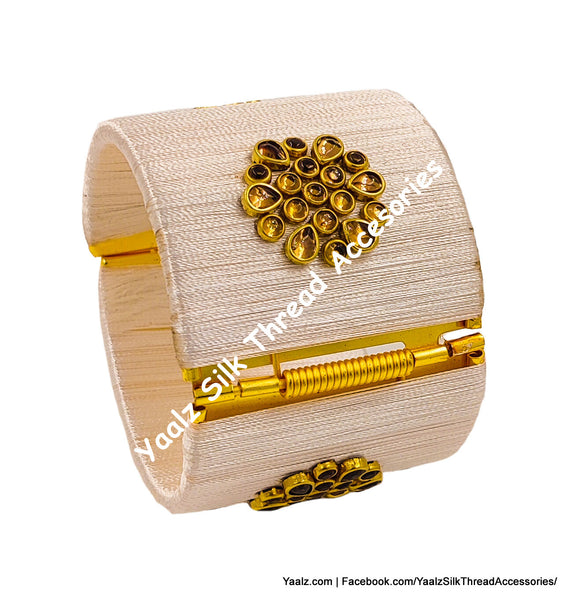 Yaalz Silk Thread Simple Kundan Stone Worked Open Close Jumbo Bracelets In Assorted Colors