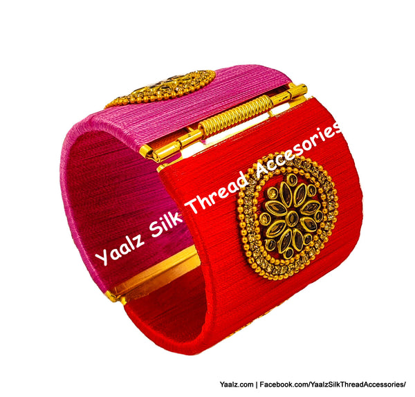 Yaalz Silk Thread Simple Kundan Stone Worked Open Close Jumbo Bracelets In Assorted Colors