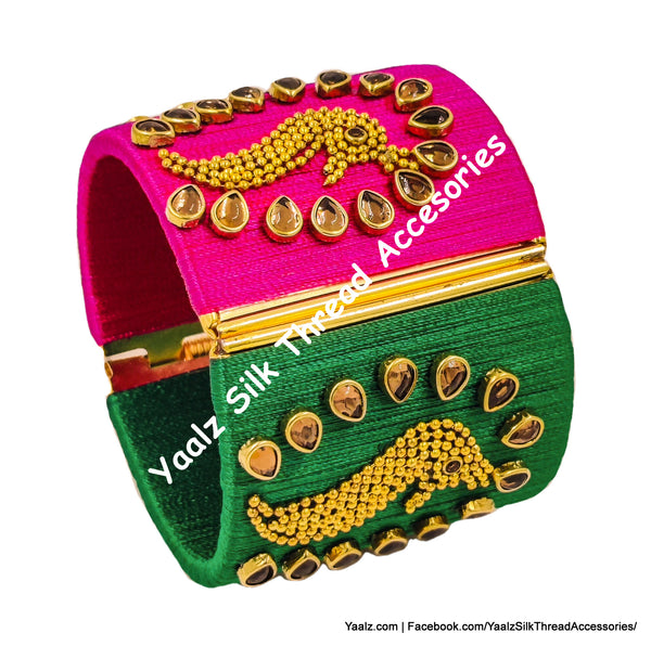 Yaalz Silk Thread Simple Kundan Stone Worked Open Close Jumbo Bracelets In Assorted Colors