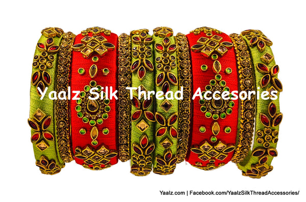Yaalz Silk Thread Heavy Traditional Design Color Kundan Stone 10Pcs Bangle Sets In Assorted Colors