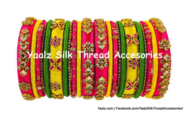 Yaalz Silk Thread Kundan Stone 22Pcs Heavy & Elegant Partywear Bangle Sets In Assorted Colors