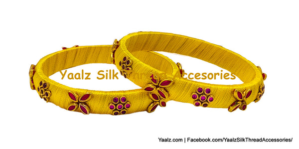 Yaalz Silk Thread Kundan Stones Leaf & Flower Worked Medium Bangle Pairs In Assorted Colors - Set 2