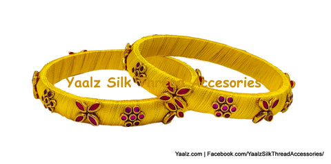 Yaalz Silk Thread Kundan Stones Leaf & Flower Worked Medium Bangle Pairs In Assorted Colors - Set 2