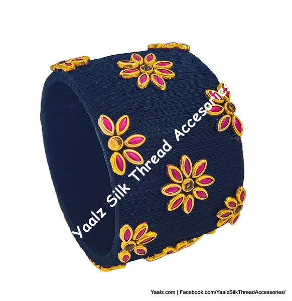 Yaalz Silk Thread Jumbo Kada With Kundan Floral Work Elegant Bangle In Black & Pink Colors