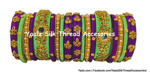 Yaalz Silk Thread Heavy Kundan Stone & Mirror Work Bridal / Partywear 18Pcs Bangle Sets In Assorted Color Combinations