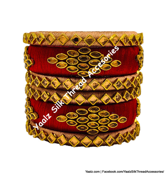 Yaalz Silk Thread Heavy Kundan Stone Partywear 6Pcs Bangle Sets In Assorted Colors