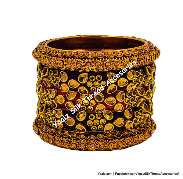 Yaalz Silk Thread Heavy Antique Gold Kundan Stone Partywear Bangle Sets In Assorted Colors