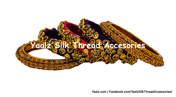 Yaalz Silk Thread Heavy Antique Gold Kundan Stone Partywear Bangle Sets In Assorted Colors