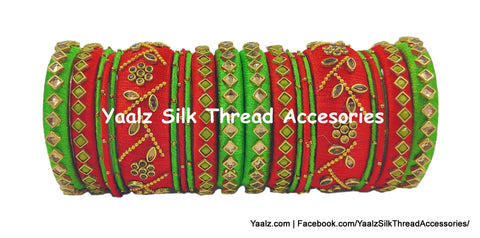 Yaalz Silk Thread Heavy Kundan Stone Work 22Pcs Bridal / Partywear Bangle Set In Red & Light Green Colors