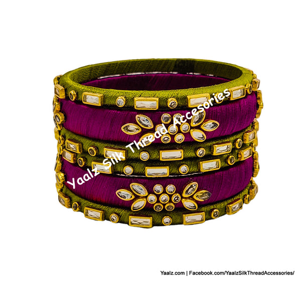 Yaalz Silk Thread Kundan Work 6Pcs Simple Bangle Sets With Stick Stone Work In Assorted Colors - Set 2