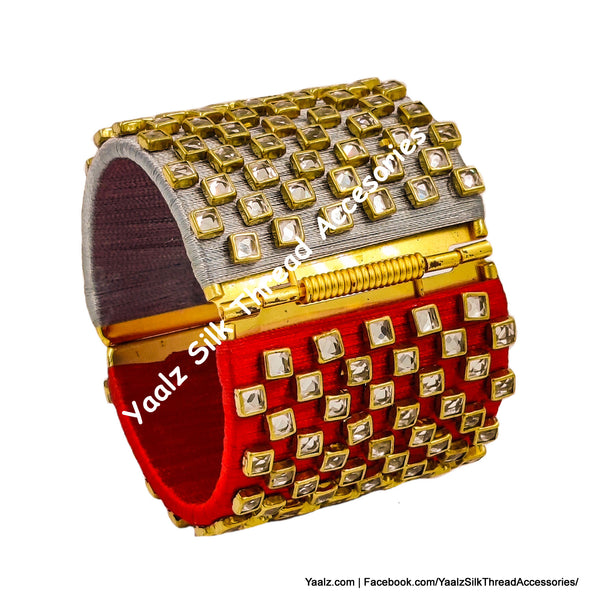 Yaalz Silk Thread Heavy Square Kundan Stone Jumbo Bracelet Bangle In Red & Silver Grey Colors