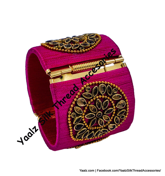 Yaalz Silk Thread Simple Kundan Stone Worked Open Close Jumbo Bracelets In Assorted Colors