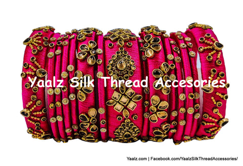Yaalz Silk Thread Heavy Kundan Stone 15Pcs Bridal / Partywear Bangle Set In Pink Color