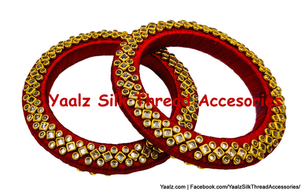 Yaalz Silk Thread Rich Kundan Stone 'V' Shape Bangle Pair In Assorted Colors